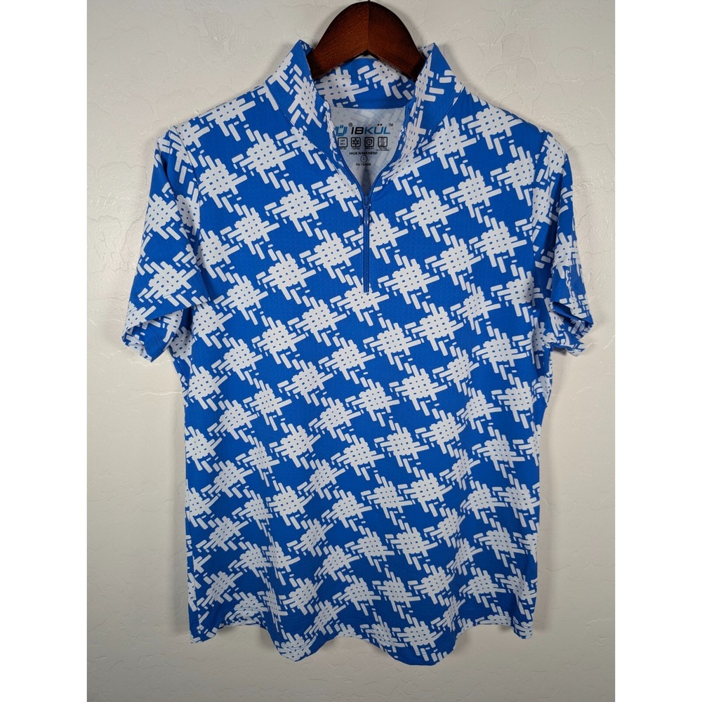 IBKUL Top Women Large White Blue Houndstooth Stretch 1/4 Zip Pullover Golf Shirt